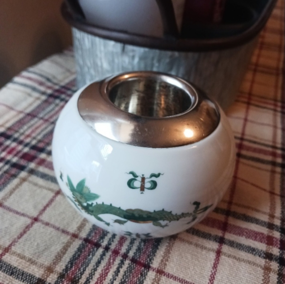 MEISSEN GREEN DRAGON Porcelain Match Holder/Striker w/ Sterling Silver Mount